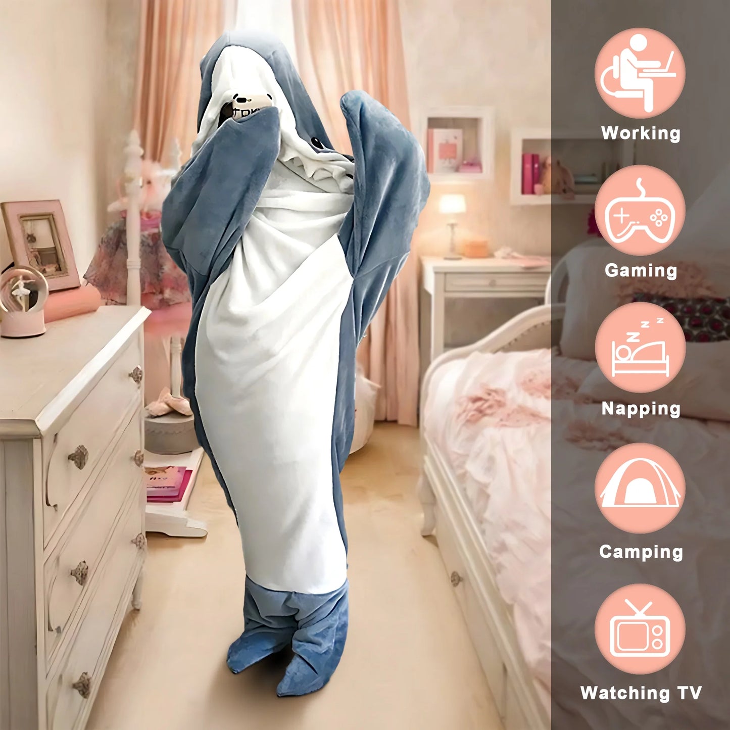 Shark Blanket - Wearable Blanket for Adult Kids, Super Soft Cozy Flannel Hoodie, Shark Onesie, Shark Blanket Hoodie, Shark Sleeping Bag (Gray Blue, S)
