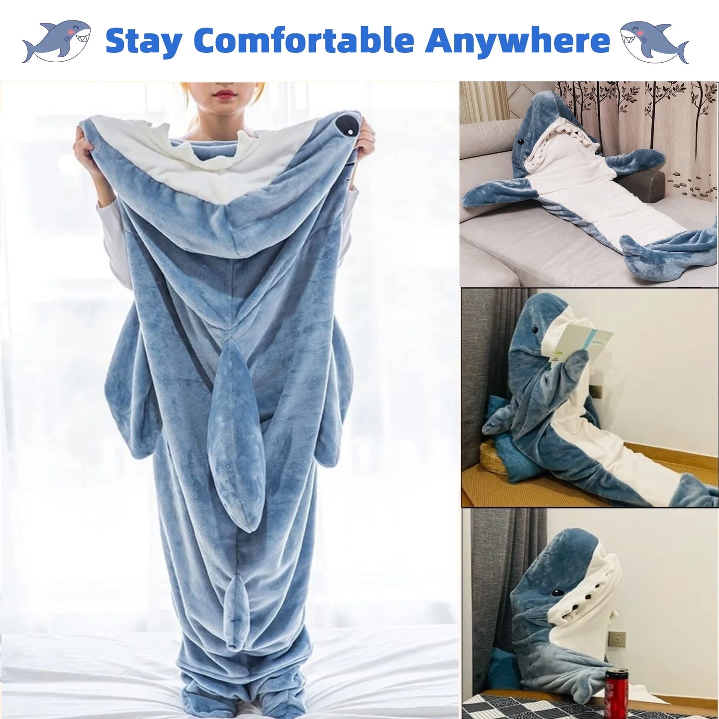Shark Blanket - Wearable Blanket for Adult Kids, Super Soft Cozy Flannel Hoodie, Shark Onesie, Shark Blanket Hoodie, Shark Sleeping Bag (Gray Blue, S)