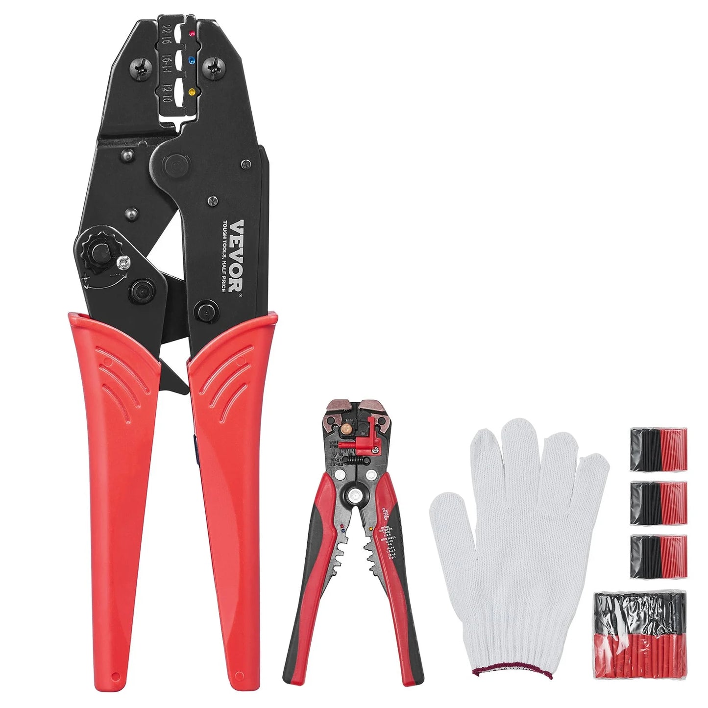 VEVOR Ratcheting Crimping Tool Set for Insulated Electrical Connectors AWG22-10 with Wire Stripper and 210Pcs Heat Shrink Tubes Labor-Saving Ratcheting Wire Crimp Pliers