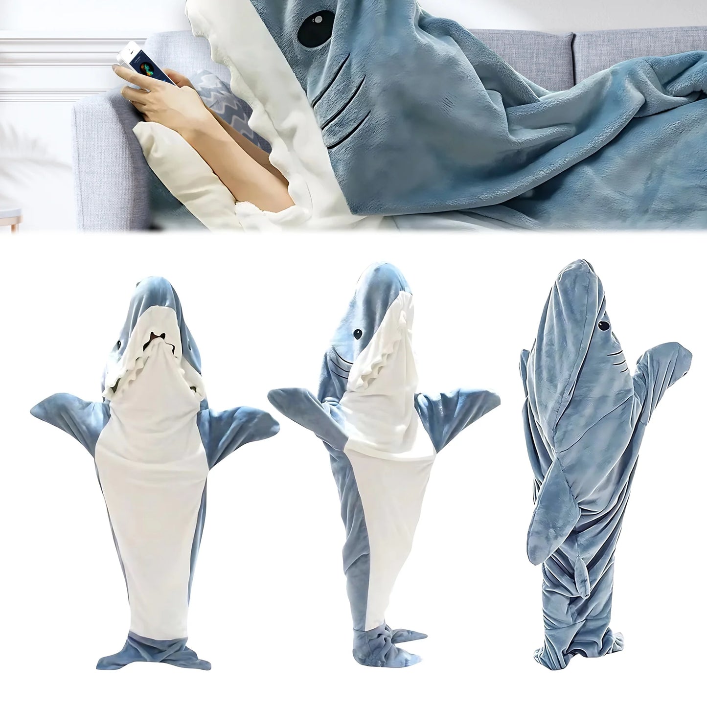 Shark Blanket - Wearable Blanket for Adult Kids, Super Soft Cozy Flannel Hoodie, Shark Onesie, Shark Blanket Hoodie, Shark Sleeping Bag (Gray Blue, S)