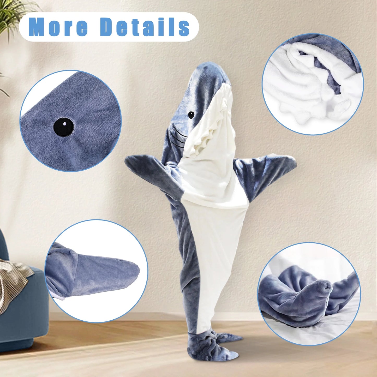 Shark Blanket - Wearable Blanket for Adult Kids, Super Soft Cozy Flannel Hoodie, Shark Onesie, Shark Blanket Hoodie, Shark Sleeping Bag (Gray Blue, S)