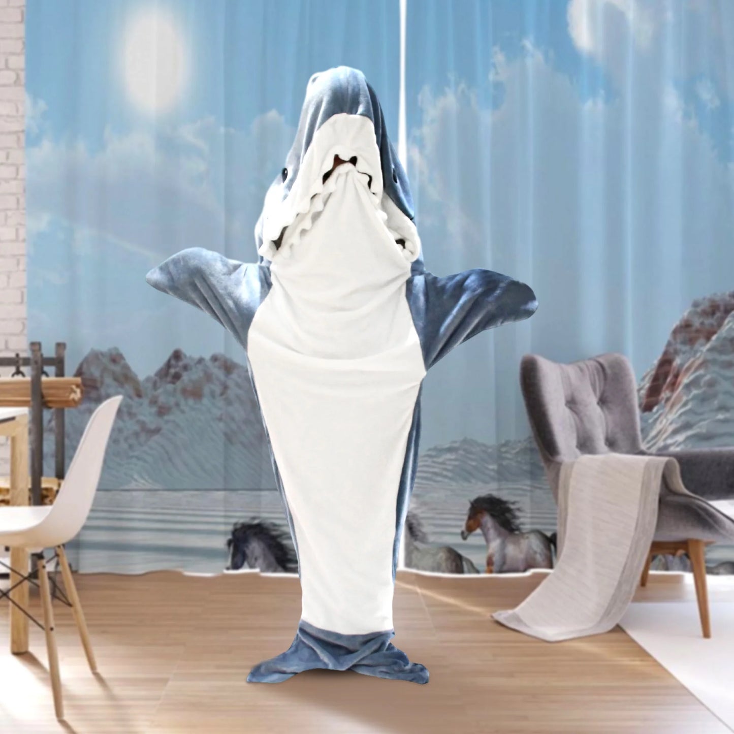 Shark Blanket - Wearable Blanket for Adult Kids, Super Soft Cozy Flannel Hoodie, Shark Onesie, Shark Blanket Hoodie, Shark Sleeping Bag (Gray Blue, S)