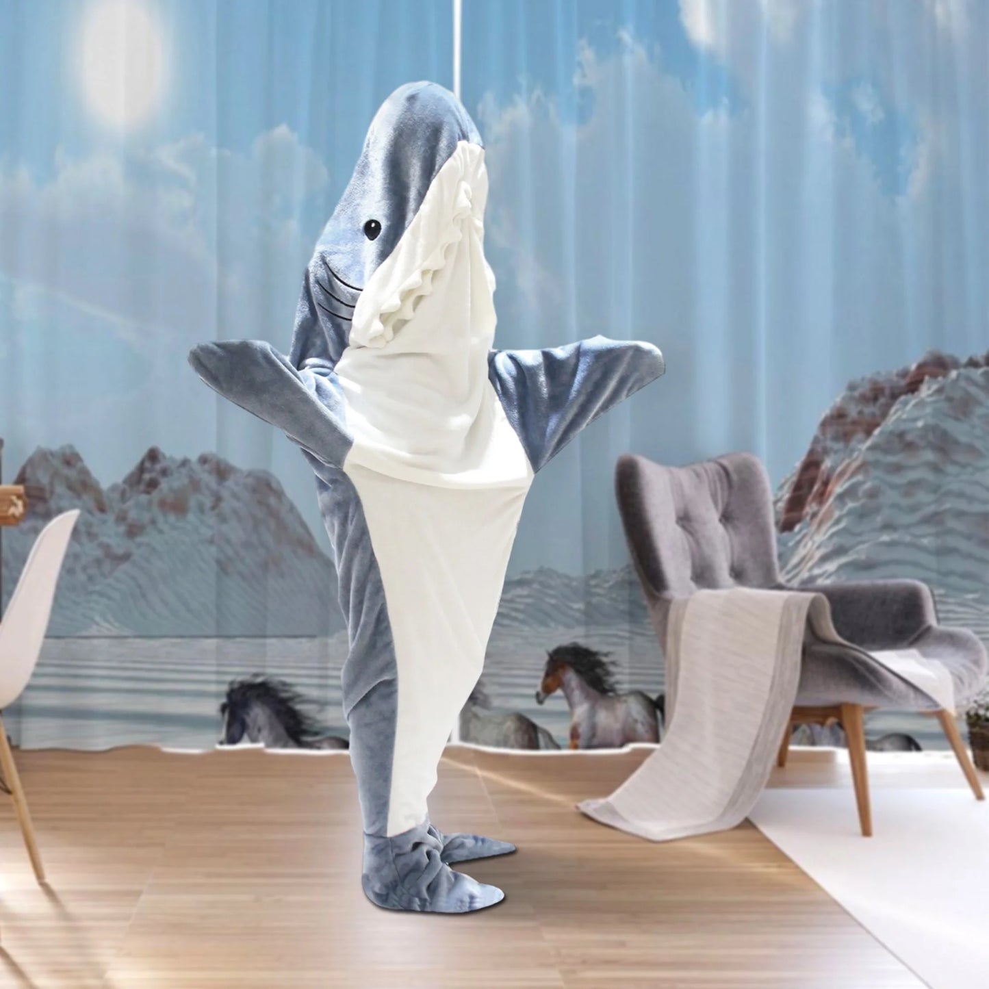 Shark Blanket - Wearable Blanket for Adult Kids, Super Soft Cozy Flannel Hoodie, Shark Onesie, Shark Blanket Hoodie, Shark Sleeping Bag (Gray Blue, S)