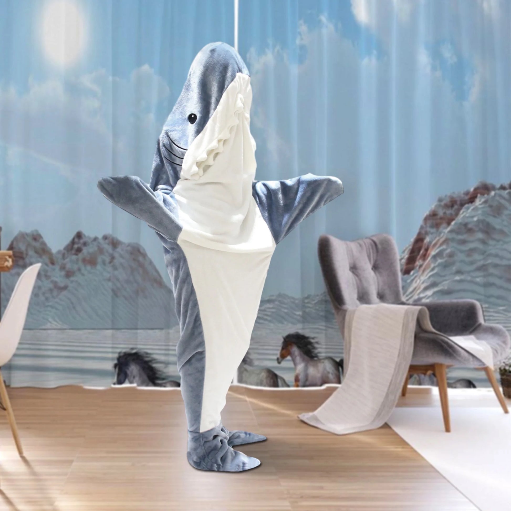 Shark Blanket - Wearable Blanket for Adult Kids, Super Soft Cozy Flannel Hoodie, Shark Onesie, Shark Blanket Hoodie, Shark Sleeping Bag (Gray Blue, S)